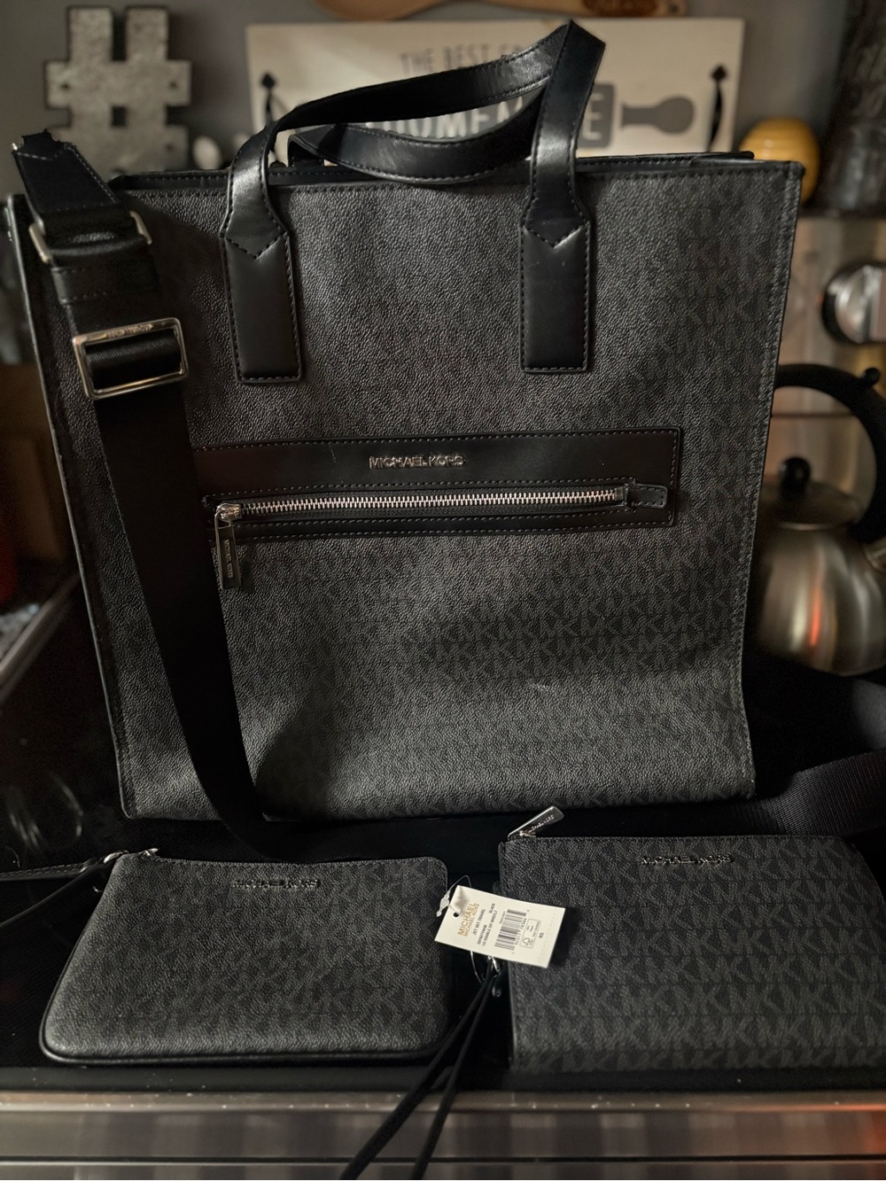 Michael Kors Black Logo Tote WITH matching wristlet AND NTW double zip wallet